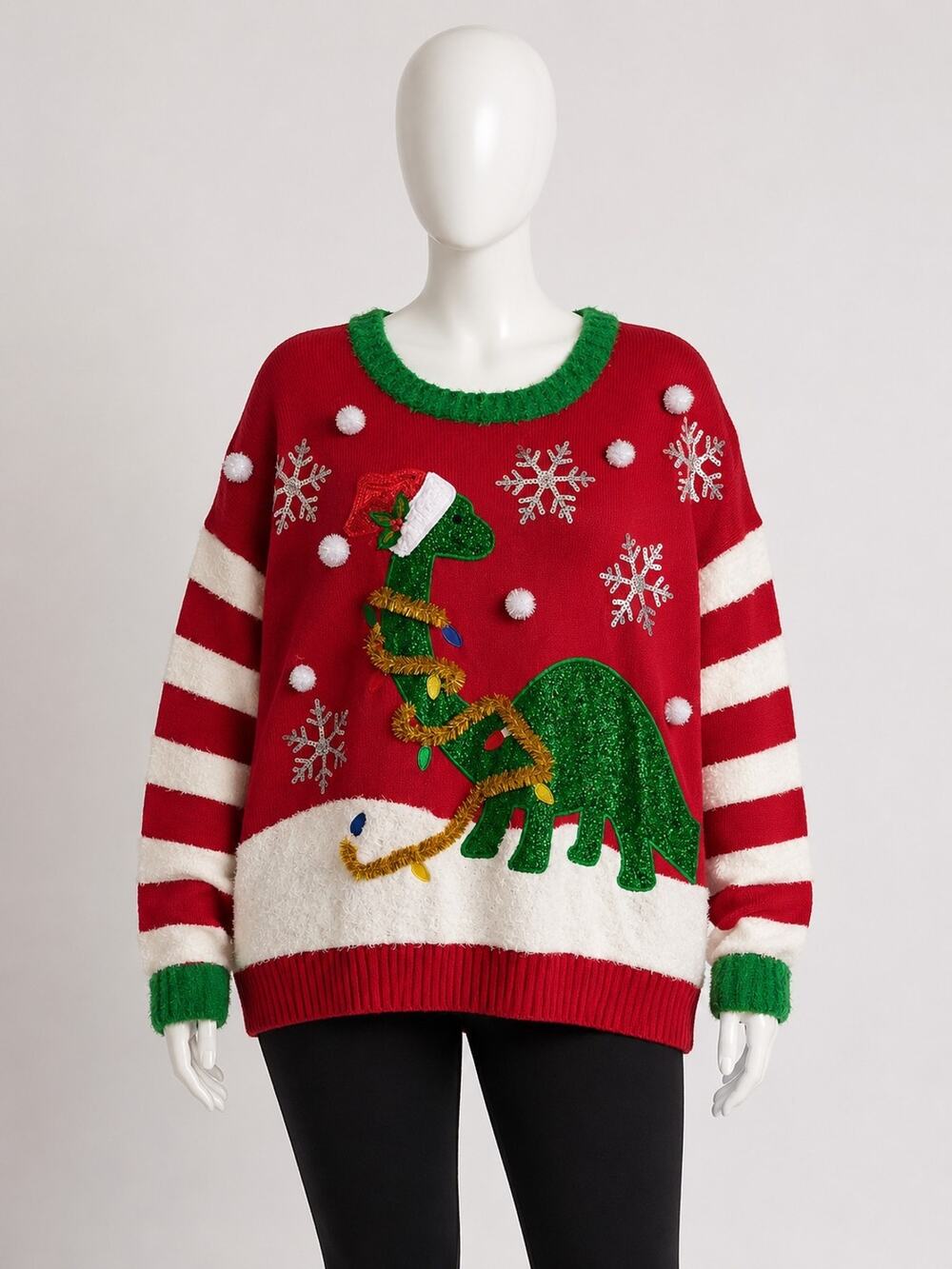 33 Degrees Womens XL Christmas Ugly Sweater Red Dinosaur Stripes Novelty Holiday